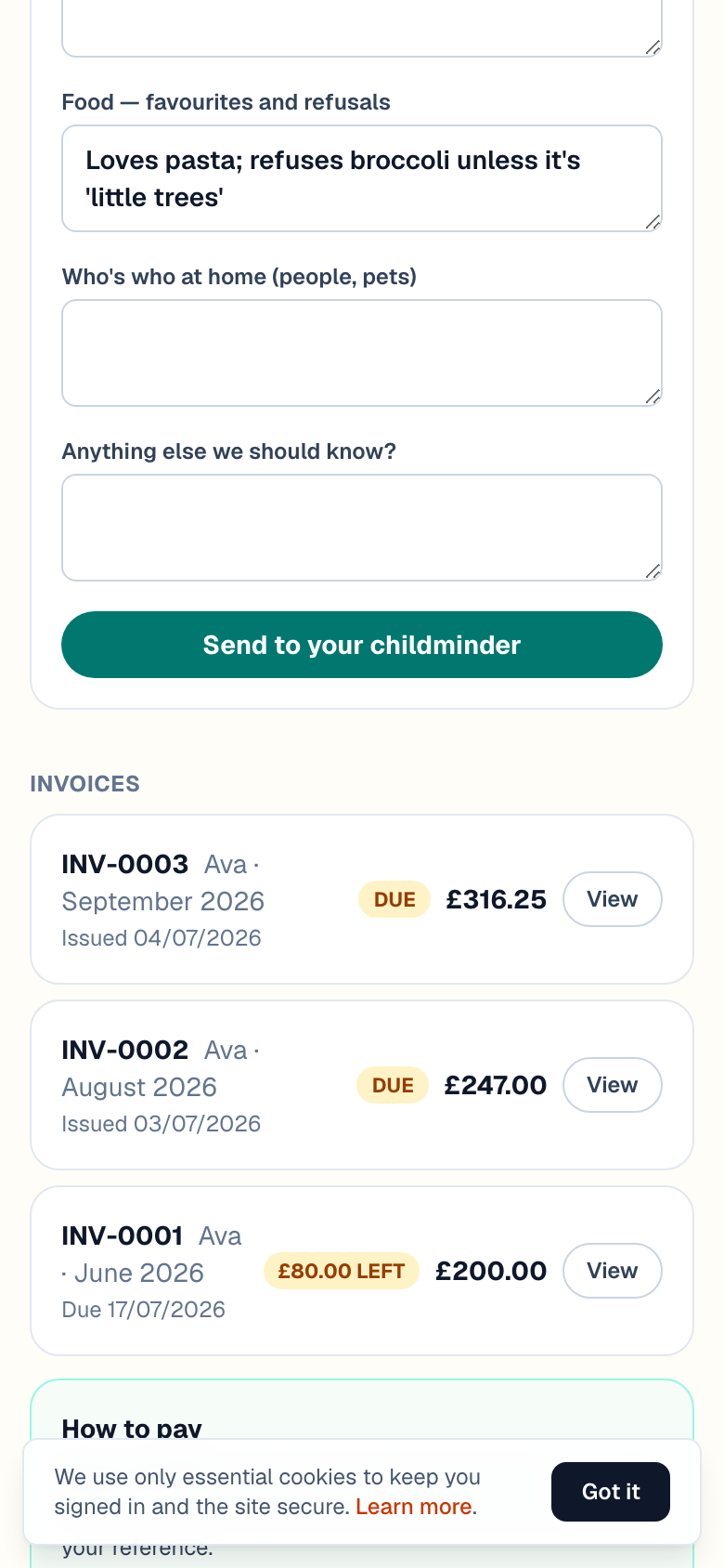 The parent portal's invoice list, with a part-paid invoice showing £80.00 left