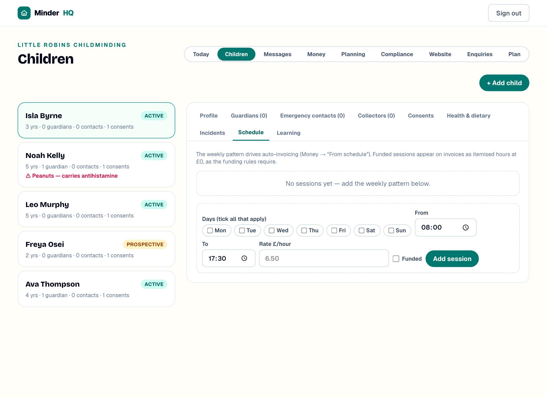 A child's Schedule tab showing weekly sessions with rates and funded hours