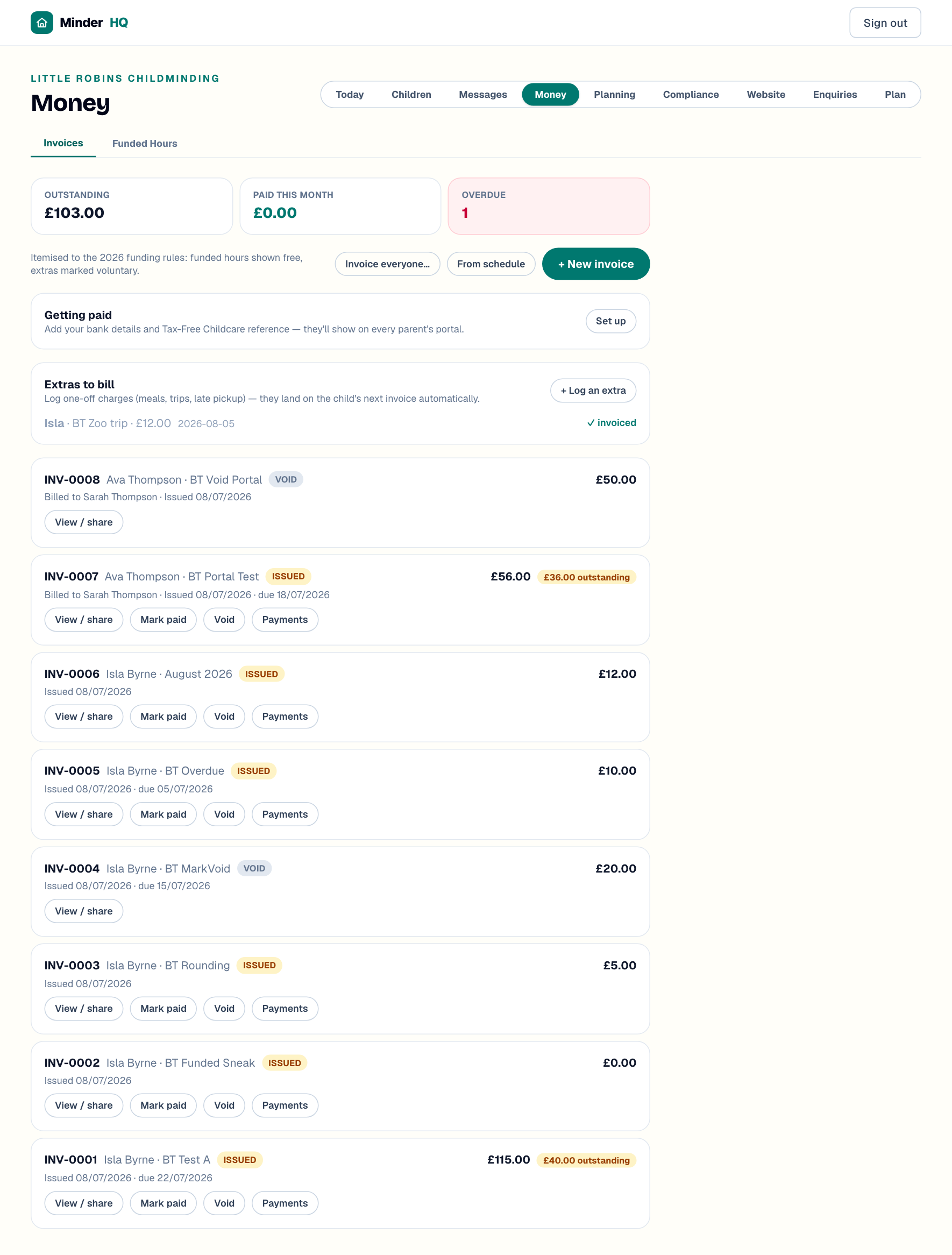 The Money view with the Getting paid card showing bank details and TFC reference above the invoice list