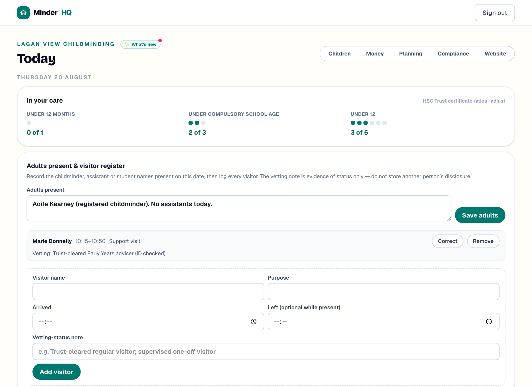 Adults present and visitor register on the MinderHQ Today board for Northern Ireland