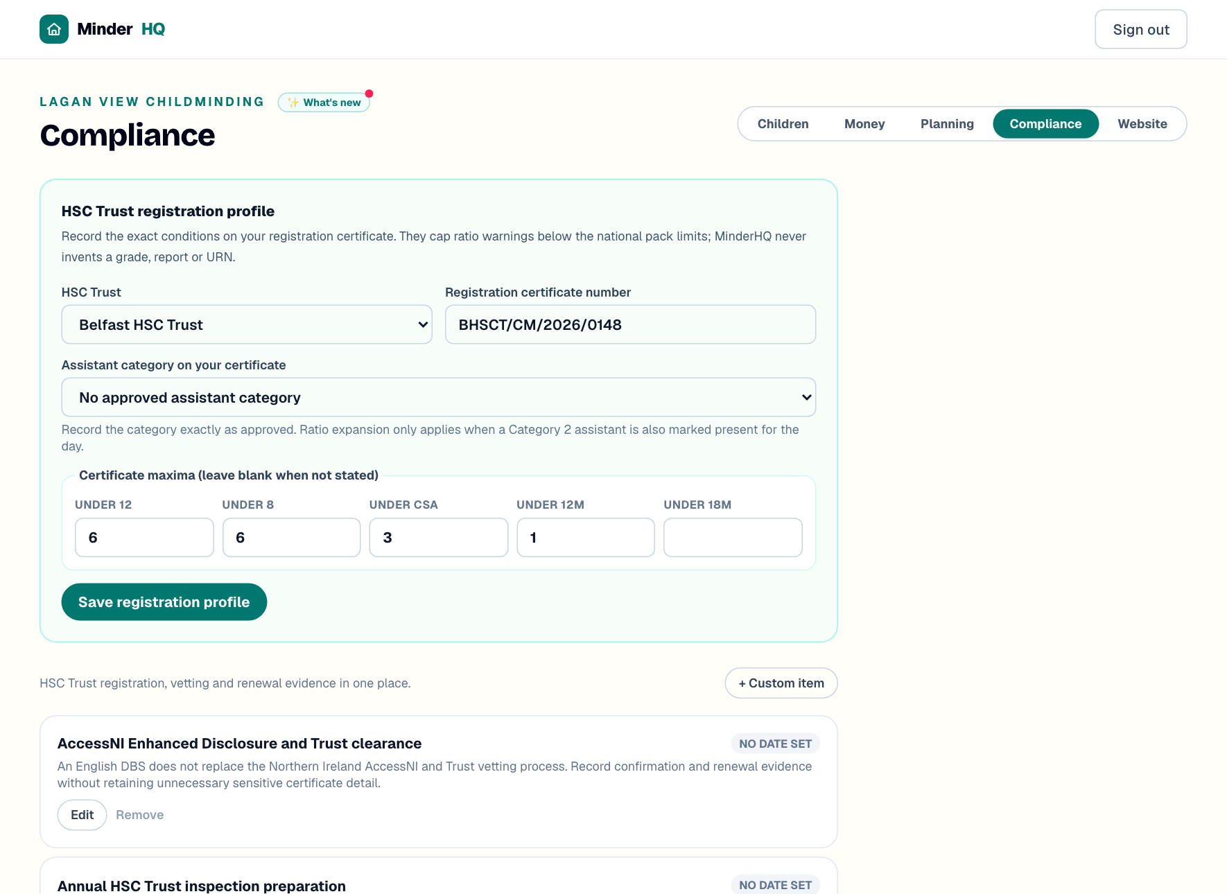 HSC Trust registration profile in MinderHQ with certificate conditions and Trust-specific compliance items