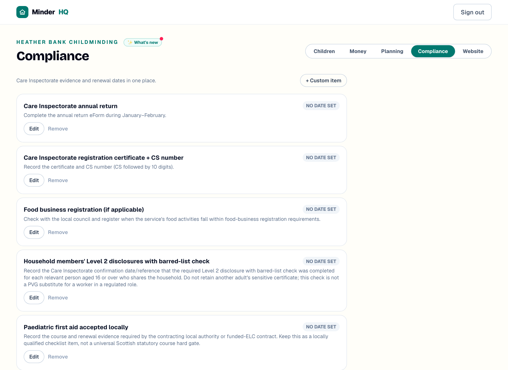MinderHQ compliance checklist for Scottish childminders