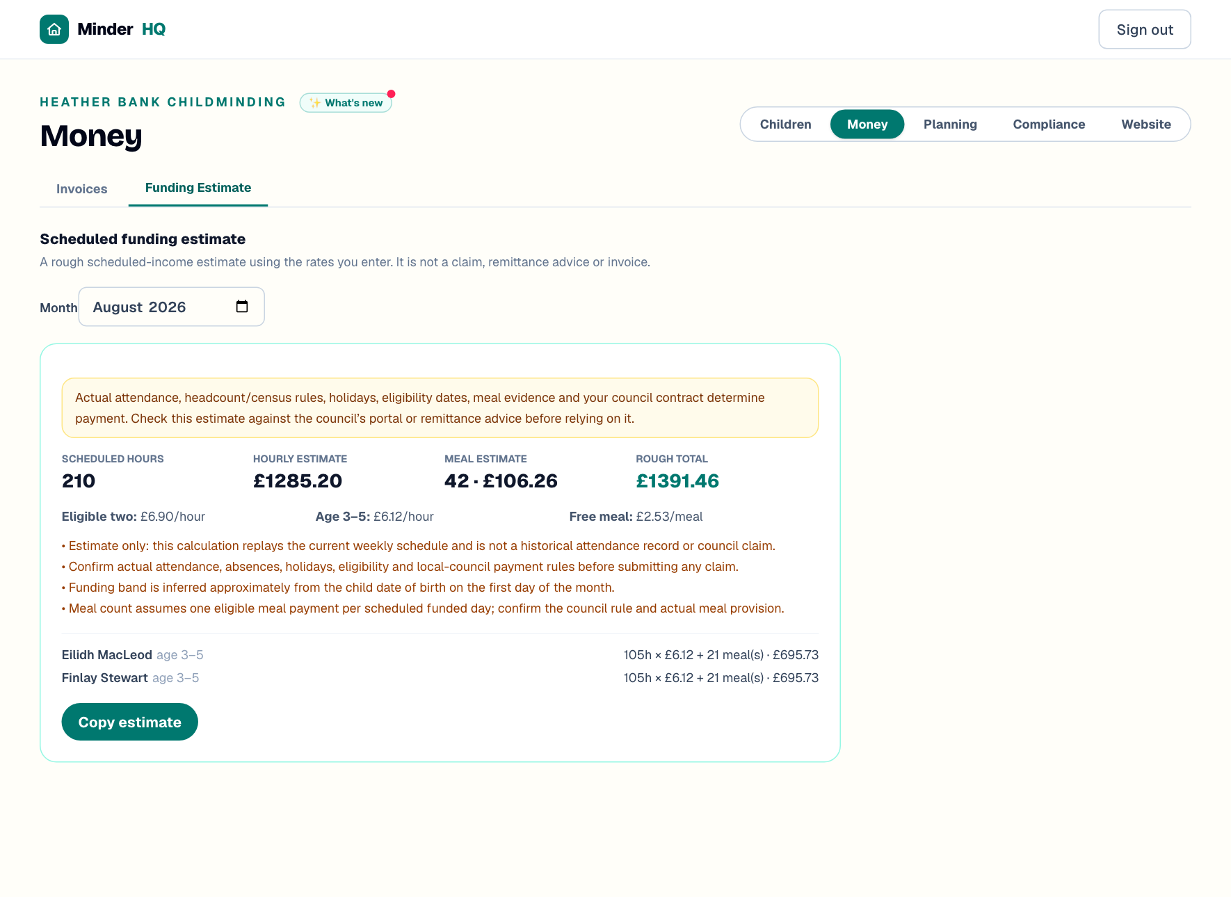 Funded ELC scheduled funding estimate in MinderHQ showing hours, rates and per-child totals