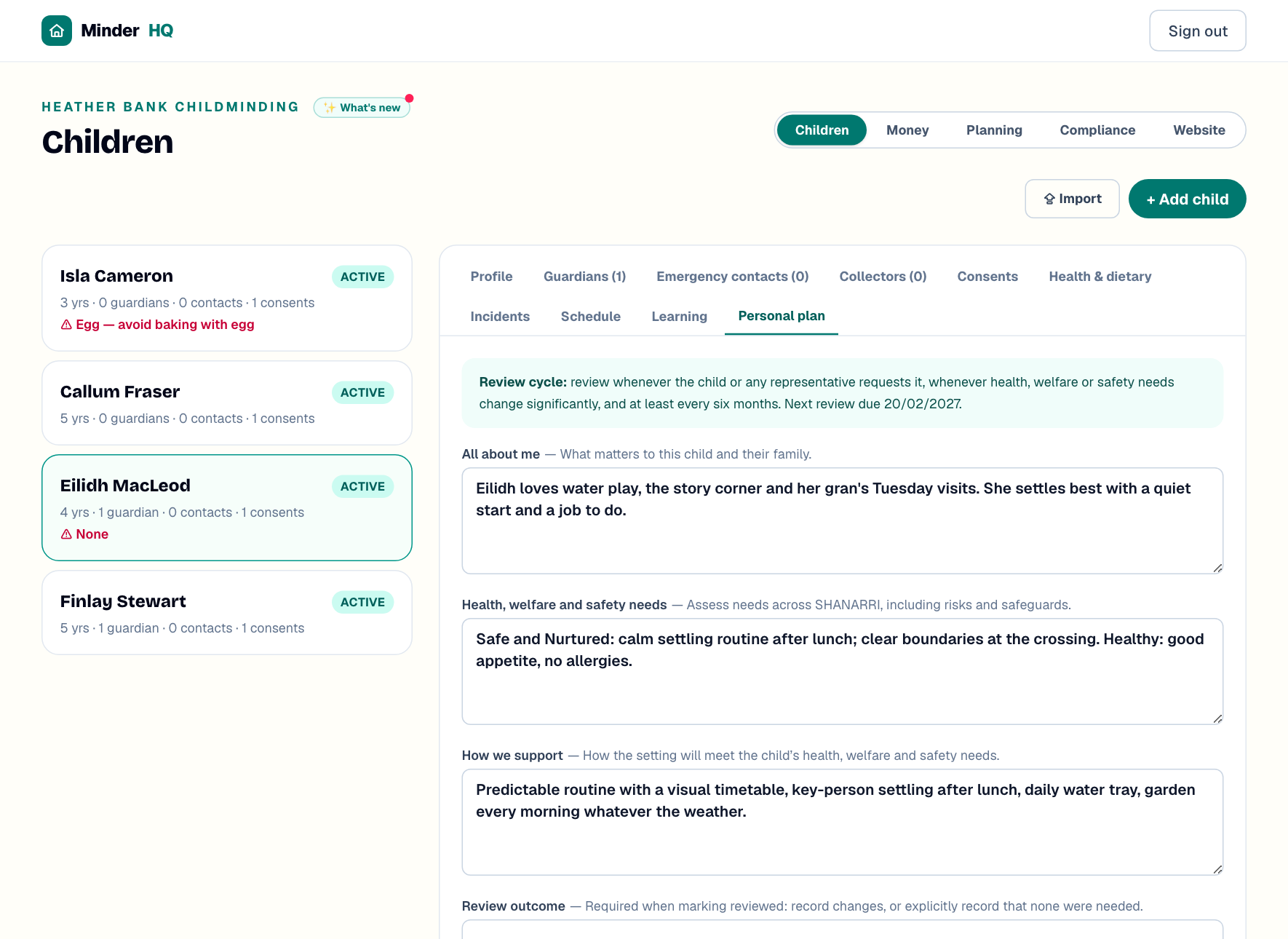 A child's personal plan in MinderHQ with the six-month review cycle banner and SHANARRI wellbeing sections