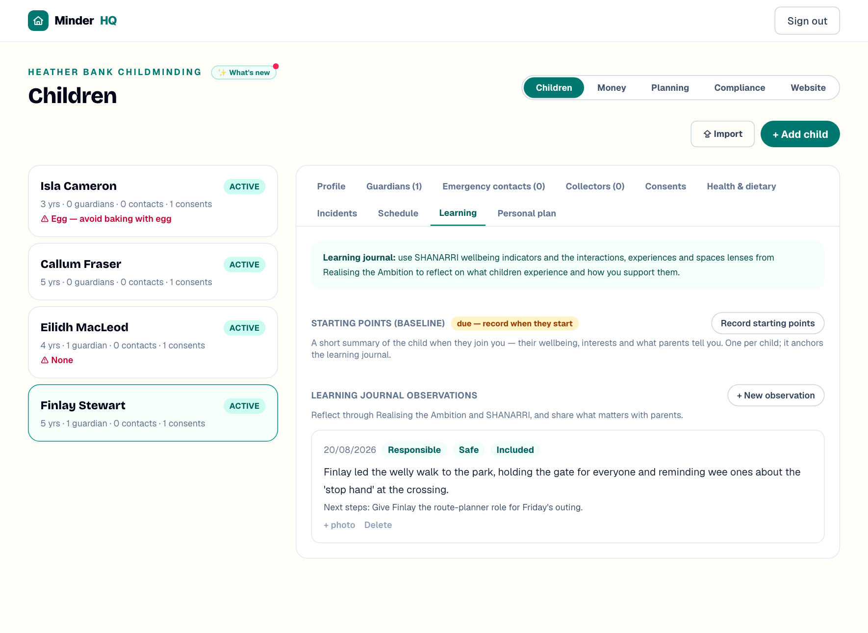 MinderHQ learning journal observation tagged with SHANARRI wellbeing indicators