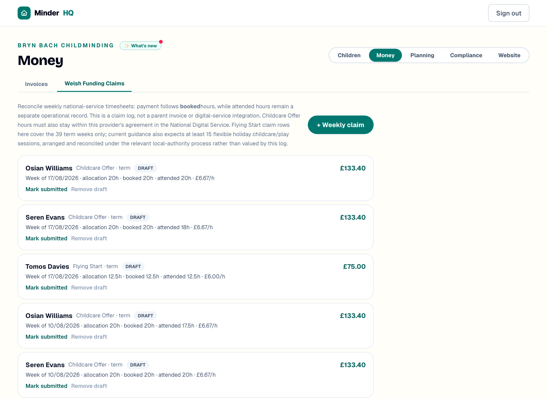 Welsh funding claims log in MinderHQ with Childcare Offer and Flying Start weekly rows