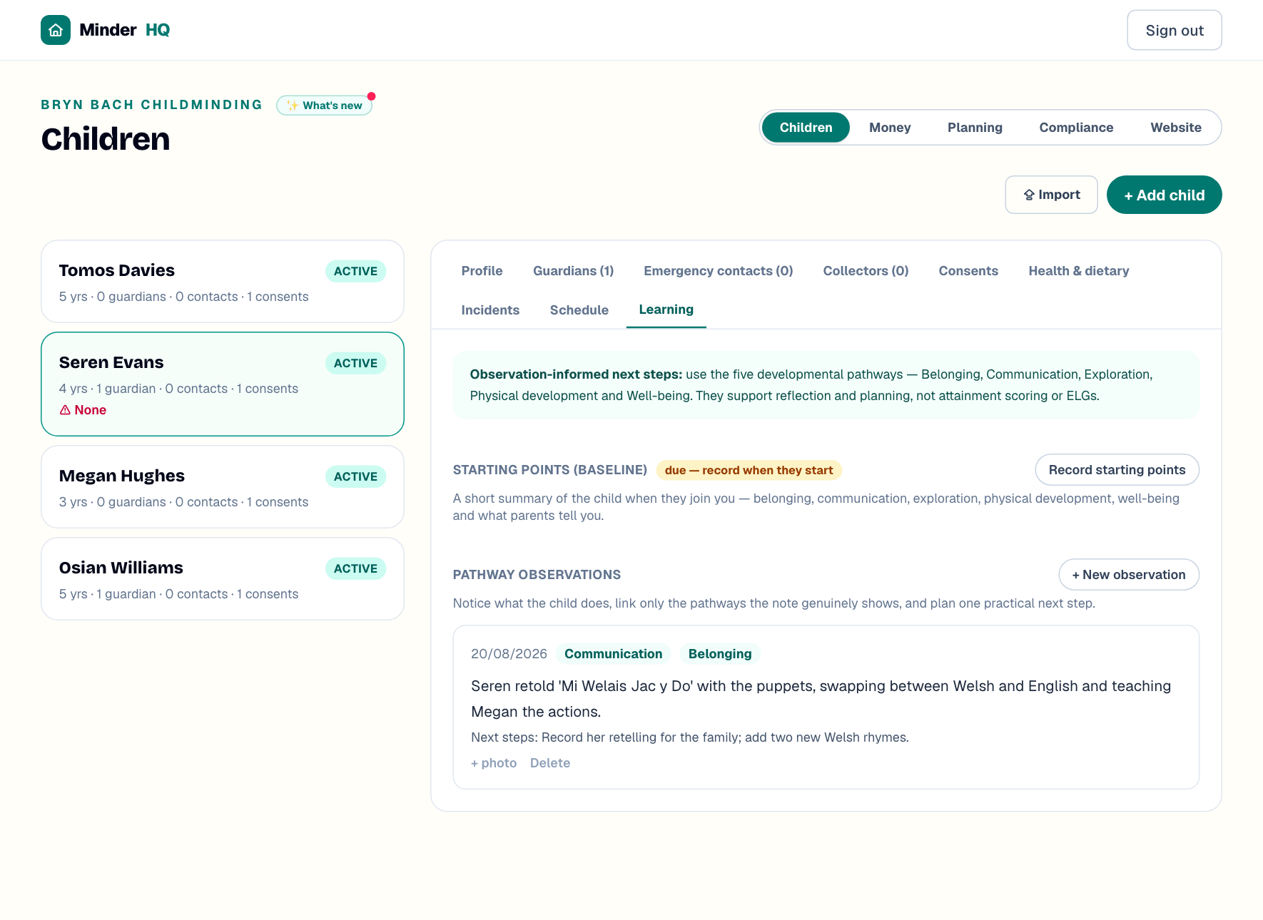 MinderHQ learning journal observation tagged with the five Welsh developmental pathways