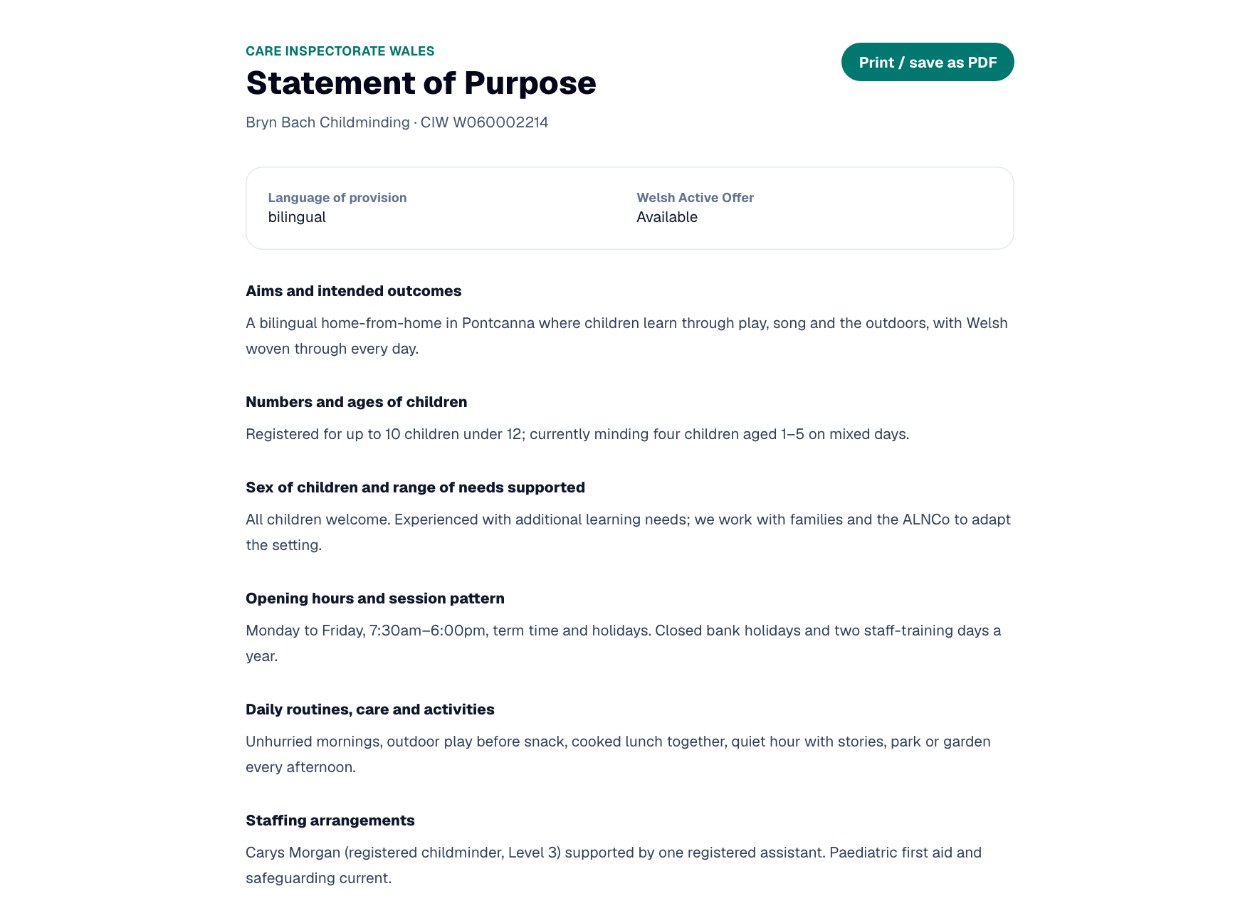 Statement of Purpose document generated by MinderHQ for Care Inspectorate Wales